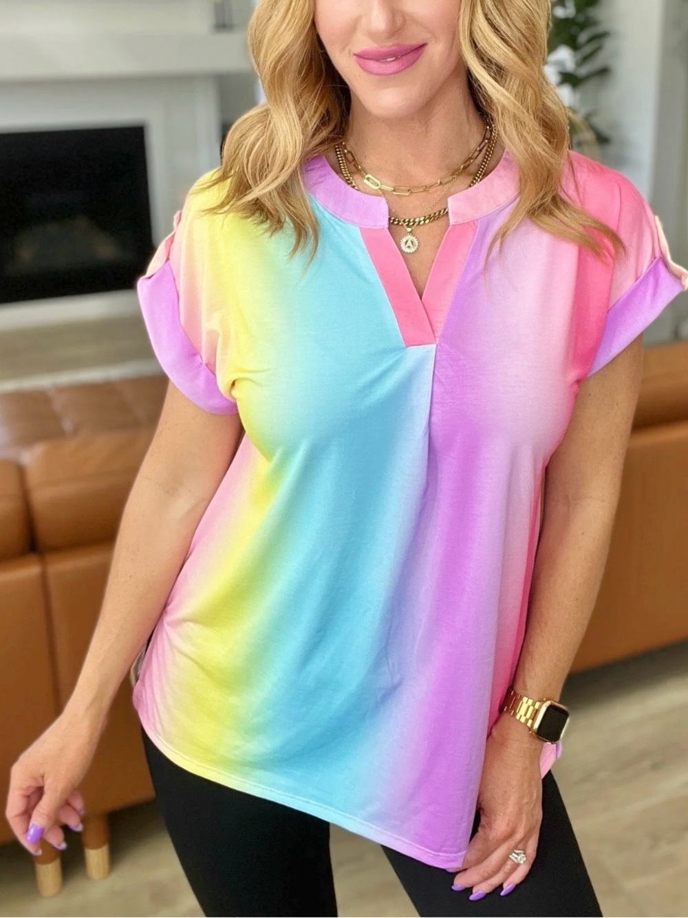 Dear Scarlett Lizzy Cap Sleeve Flowy Top Ombre Rainbow Pastel Women’s Small NWOT